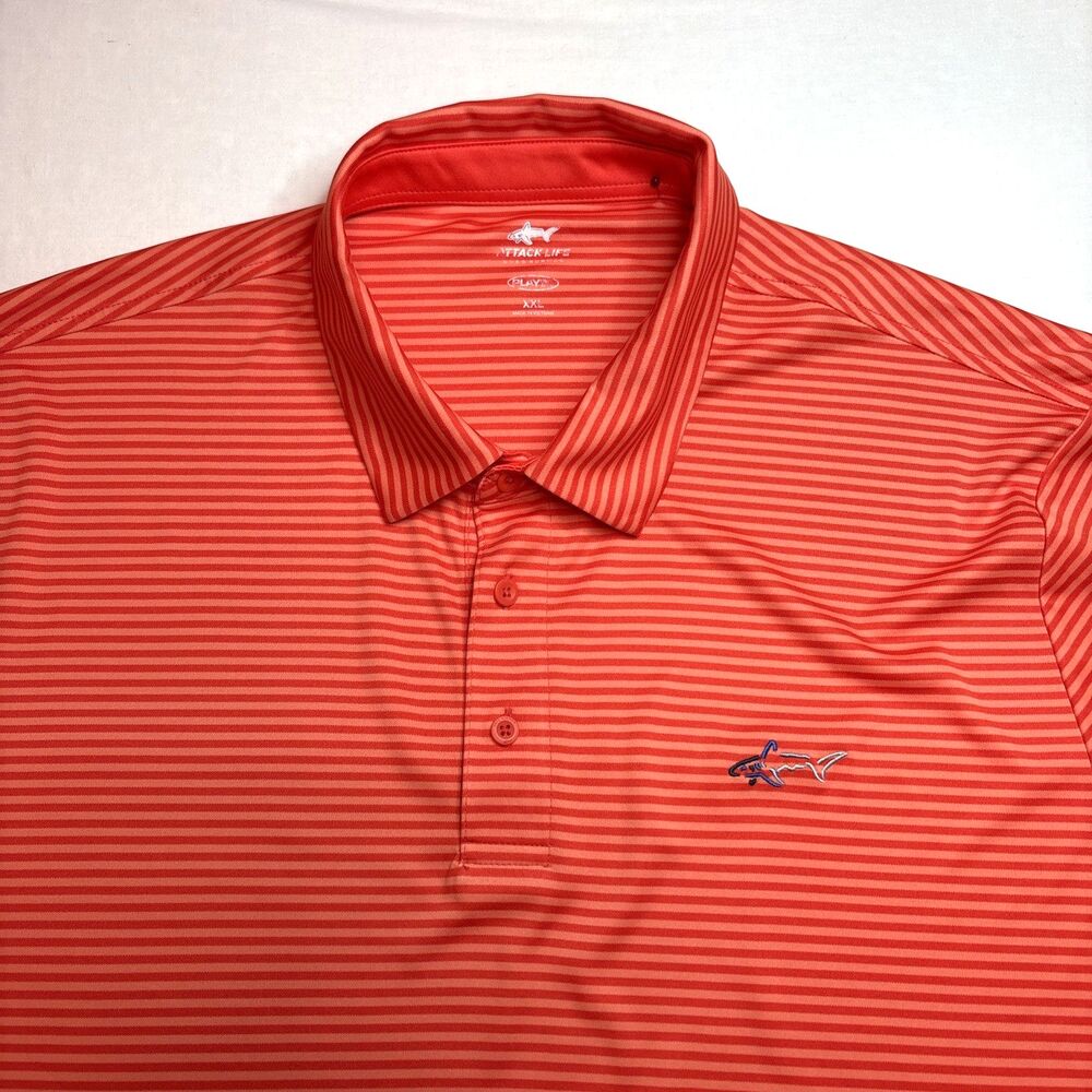 Greg Norman Polo Shirt Men XXL Orange Stripe Attack Life Play Dry Golf S/S